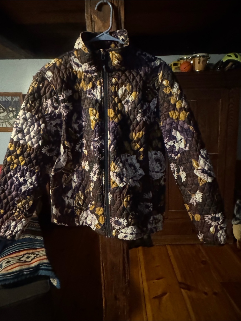Lands' End Quilted Floral Zip Jacket in Dark Brown and Mustard